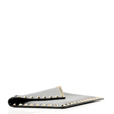Valentino Garavani Medium Rockstud Envelope Flat Wristlet Pouch Black Pebbled Calfskin Leather Light Gold Hardware