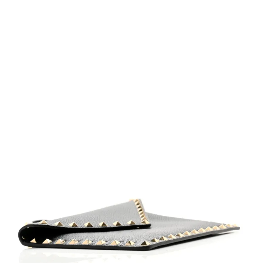Valentino Garavani Medium Rockstud Envelope Flat Wristlet Pouch Black Pebbled Calfskin Leather Light Gold Hardware
