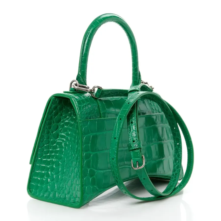 Balenciaga Small Hourglass Top Handle Bag Leaf Green Crocodile Embossed Shiny Calfskin Leather Silver Hardware
