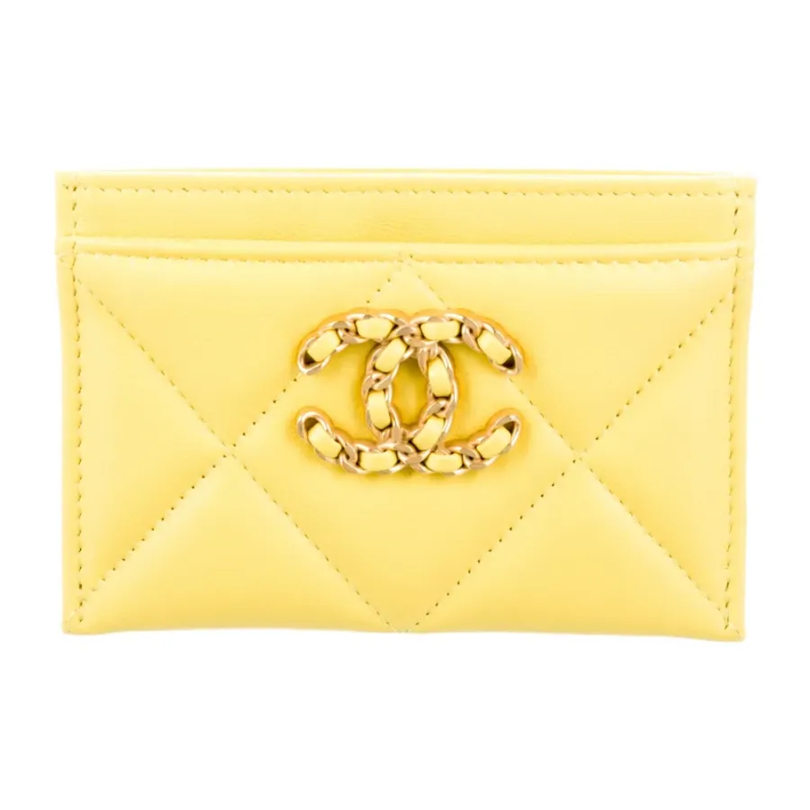 Chanel Small Card Holder Yellow Quilted Pattern Leather Gold Hardware