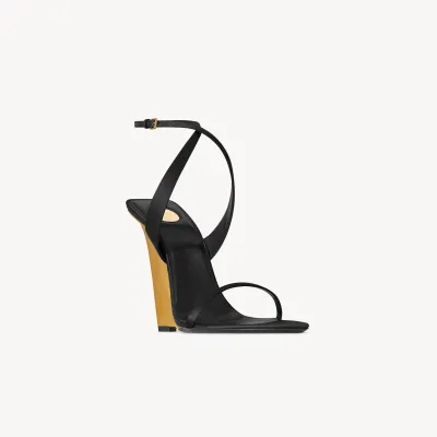 Yves Saint Laurent Crepe satin and metallic leather wedge heel sandals