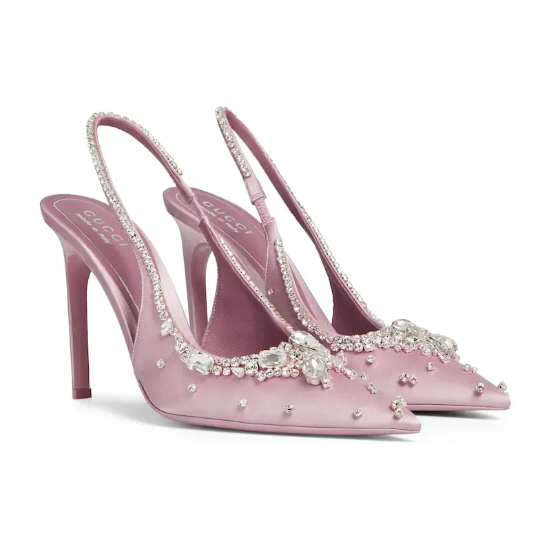 Gucci pink pointed heels crystal high heels shoes Rear lace up high heels