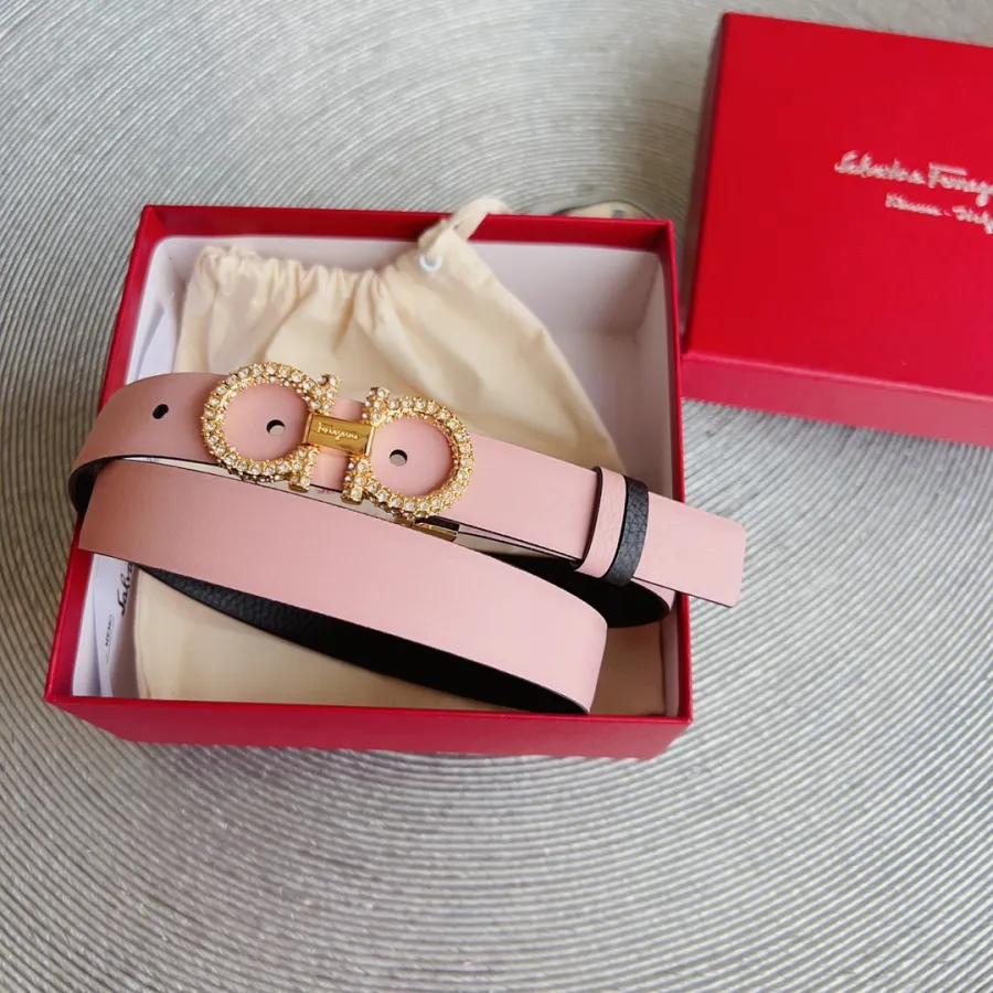 Ferragamo Women's Double Gancini Buckle With Crystals Adjustable Belt In Red/Brown/Green/Pink/Black/White/Burgundy/Khaki/Celery Grained Calfskin With Gold/Silver Hardware 25mm