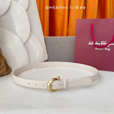 Ferragamo Women's Fixed Gancini Belt In White/Black/Brown Calfskin With Gold/Silver Hardware 25mm