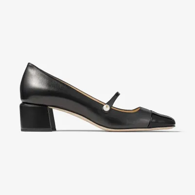 JIMMY CHOO Black leather and Patent paint leather heels Square head and thick heel shoes