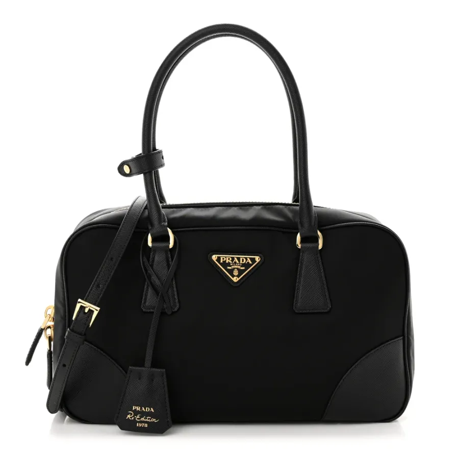 Prada Medium Re-Edition 1978 Two Handle Bag Black Re-Nylon & Saffiano Leather Gold Hardware
