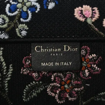 Dior Medium Book Tote Navy Blue Multicolor Petites Fleurs Raffia Embroidered Canvas