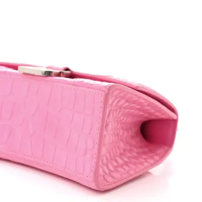 Balenciaga XS Hourglass Top Handle Bag Baby Pink Crocodile Embossed Shiny Calfskin Leather Silver Hardware