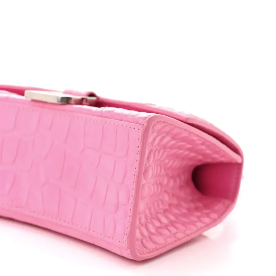 Balenciaga XS Hourglass Top Handle Bag Baby Pink Crocodile Embossed Shiny Calfskin Leather Silver Hardware