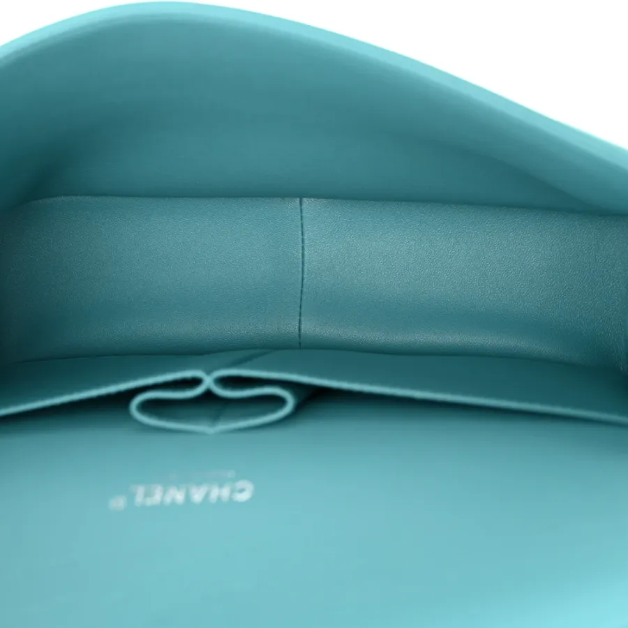 Chanel Double Flap Jumbo Turquoise Quilted Lambskin Leather Silver Hardware