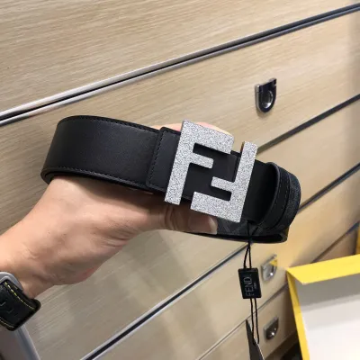 Fendi Men's FF Reversible Belt In White/Black Calfskin And FF Monogram Canvas With Gold/Silver Hardware 38mm