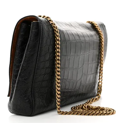 Saint Laurent Medium Kate Satchel Black Reversible Embossed Monogram Calfskin & Crocodile Leather Aged Gold Hardware