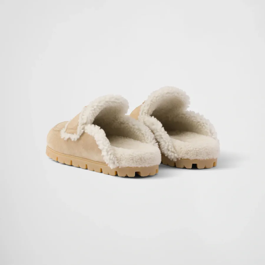 PRADA Beige suede leather and sheepskin slippers