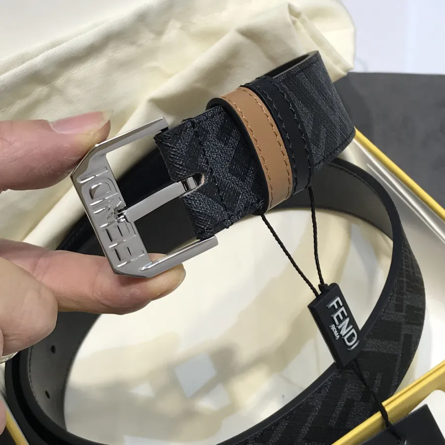 Fendi Men's Square Buckle Belt In Black/Brown Calfskin And Monogram Canvas With Gold/Silver Hardware 35mm