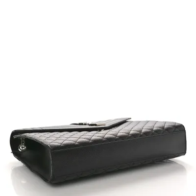 Saint Laurent Large Satchel Black Triquilt Monogram Grain De Poudre Textured Mixed Matelasse Leather Silver Hardware