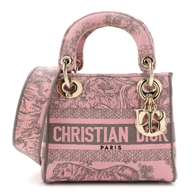 Dior Mini Toile De Jouy Lady D-Lite Grey/Pink Embroidered Canvas Gold Hardware