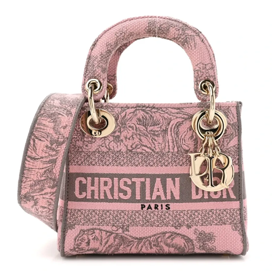 Dior Mini Toile De Jouy Lady D-Lite Grey/Pink Embroidered Canvas Gold Hardware