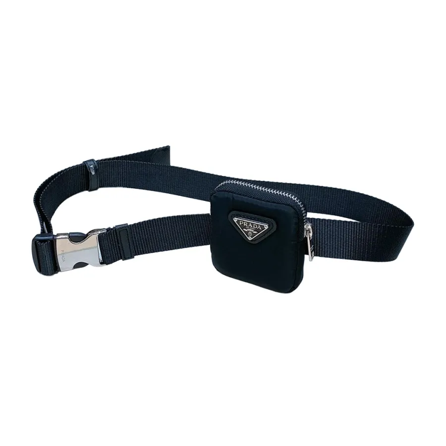 Prada Women' s Belt With Mini Pochette In Black Nylon With Silver Hardware