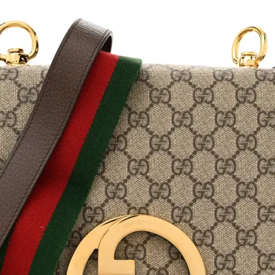 Gucci Medium Blondie Top Handle Shoulder Flap Bag Beige / Ebony / New Acero GG Supreme Monogram Canvas & Textured Dollar Calfskin Leather Brass Hardware