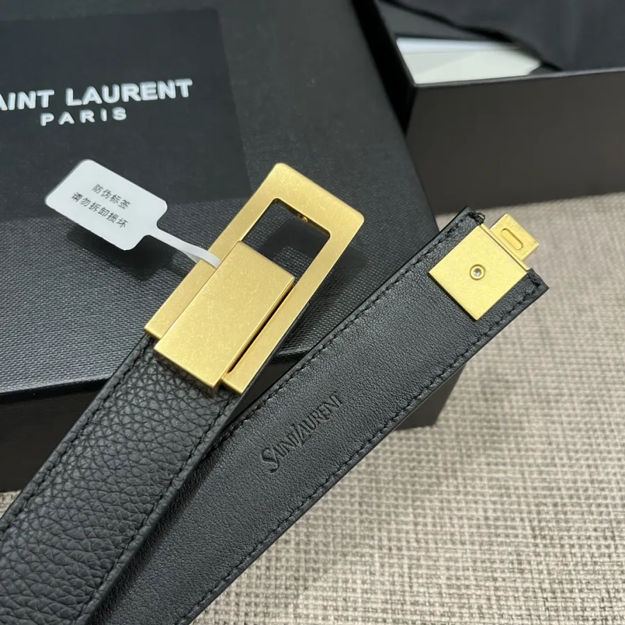 Saint Laurent Charniere Buckle Belt In Black/Burgundy Smooth Calfskin With Gold Hardware 30mm