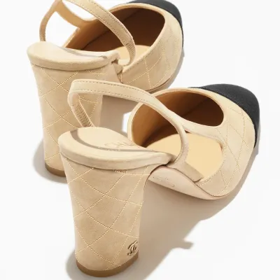 Chanel, Beige, gold and black，Suede, sheep leather and grosgrain, Rear lace up high heels High Heels Sandal