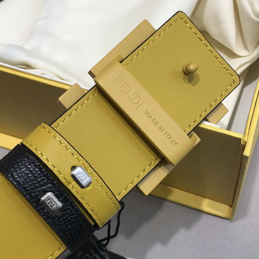 Fendi Men's Rounded FF Reversible Belt In Black/Yellow/Grey/Blue Calfskin With Silver Hardware 38MM