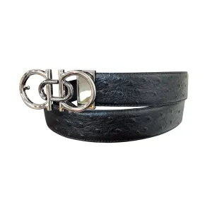 Ferragamo Men's Double Gancini Buckle Belt In Black Ostrich Grain Calfskin With Gold/Silver Hardware 35mm