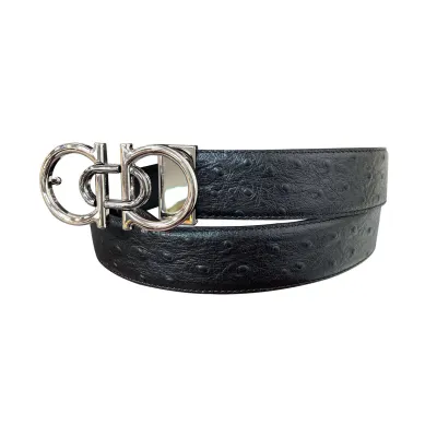 Ferragamo Men's Double Gancini Buckle Belt In Black Ostrich Grain Calfskin With Gold/Silver Hardware 35mm