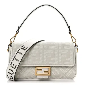 Fendi Extra Strap FF Embroidered Baguette White Ice Canvas & King Vitello Leather Gold Hardware