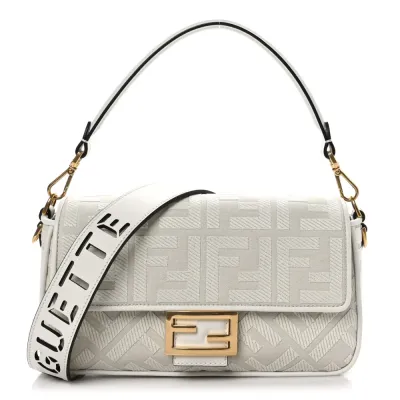 Fendi Extra Strap FF Embroidered Baguette White Ice Canvas & King Vitello Leather Gold Hardware