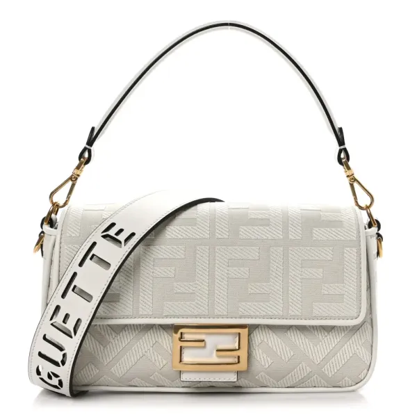Fendi Extra Strap FF Embroidered Baguette White Ice Canvas & King Vitello Leather Gold Hardware