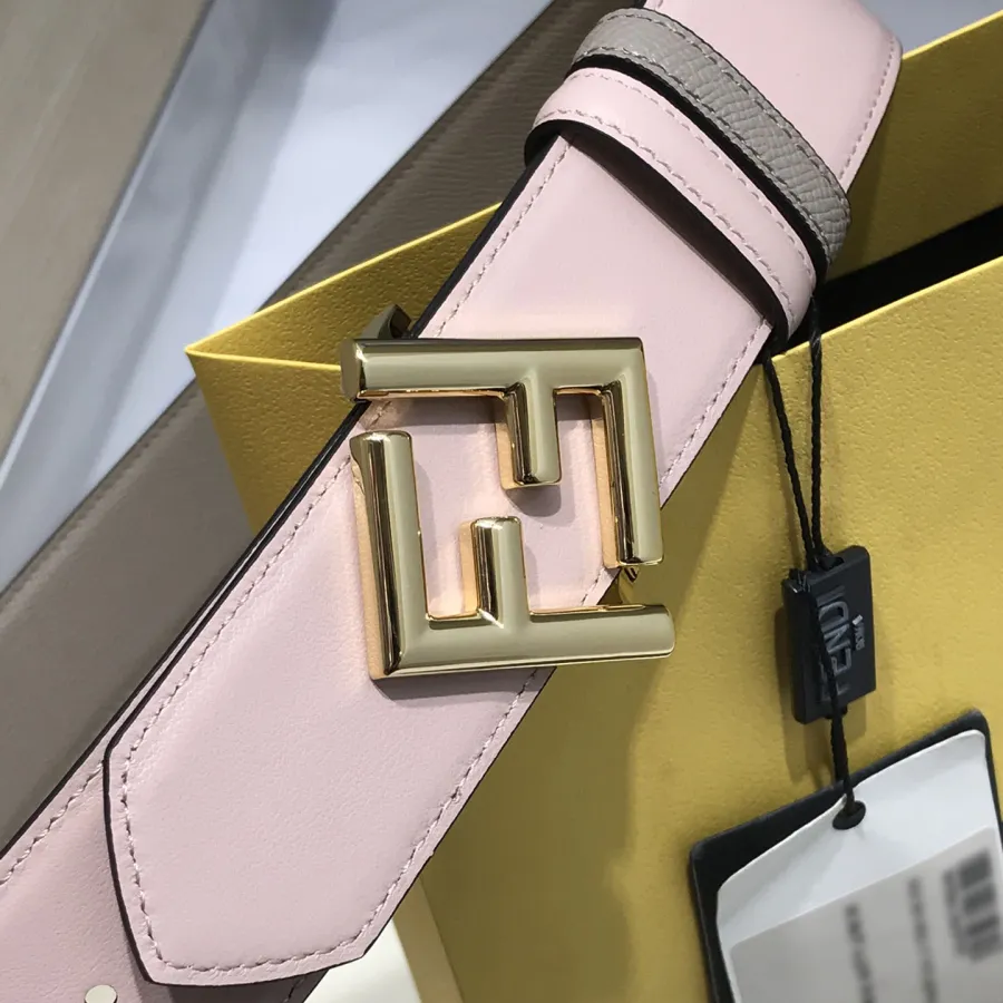 Fendi Women's FF Diamonds Reversible Belt In Beige/Pink Calfskin With Gold Hardware 38mm