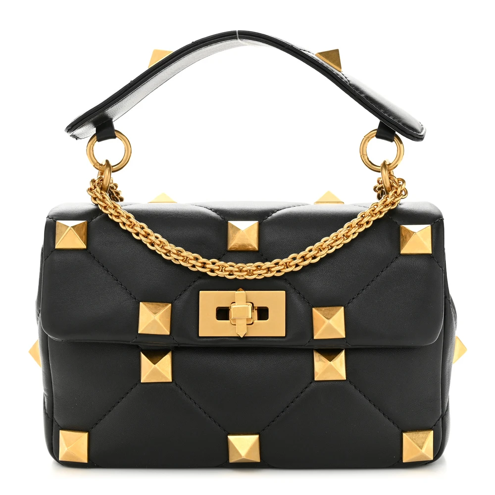 Bolsa de Ombro Valentino Garavani Small Roman Stud em Couro Nappa Preto com Ferragens de Latão