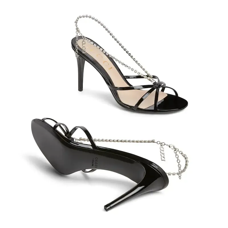 Gucci black crystal chain round head high heels sandal