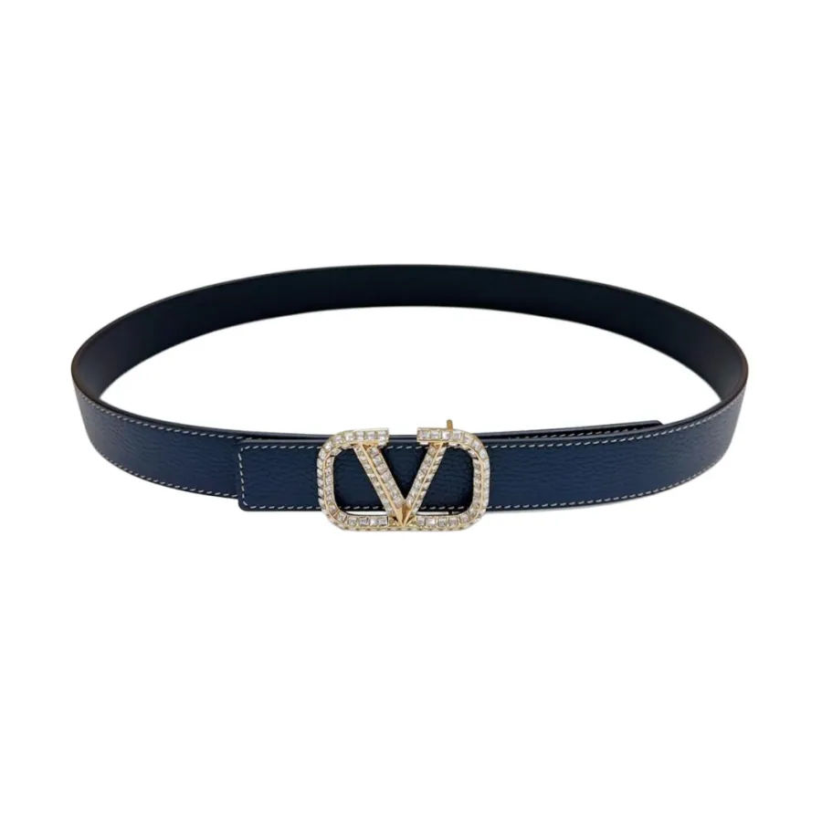 Valentino V Buckle With Crystal Belt In Black/Blue/Pink/Brown/White Calfskin With Gold Hardware 30mm