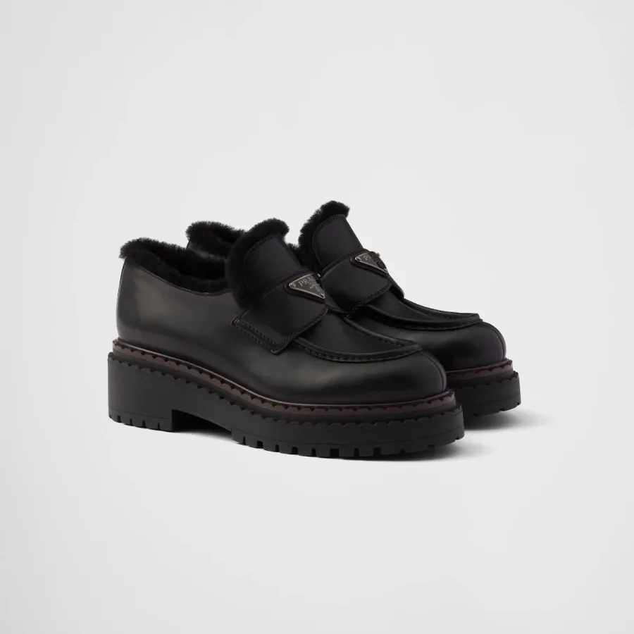 PRADA Black double fabric Chocolate leather and sheep fur loafers