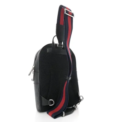 Gucci Medium Sling Backpack Black/Grey GG Supreme Monogram Canvas & Calfskin Leather Silver Hardware