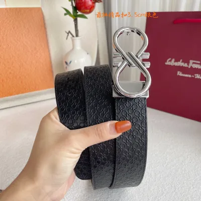 Ferragamo Men's Double Buckle Reversible Belt In Black/Coffee Gancini Monogram Calfskin With Gold/Silver/Gun Black Hardware 35mm