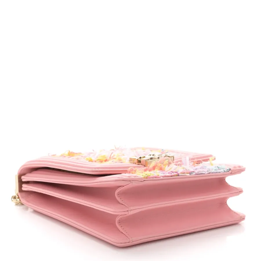 Chanel North-South Boy Flap Medium Pink Tweed & Quilted Calfskin Leather Light Gold Hardware