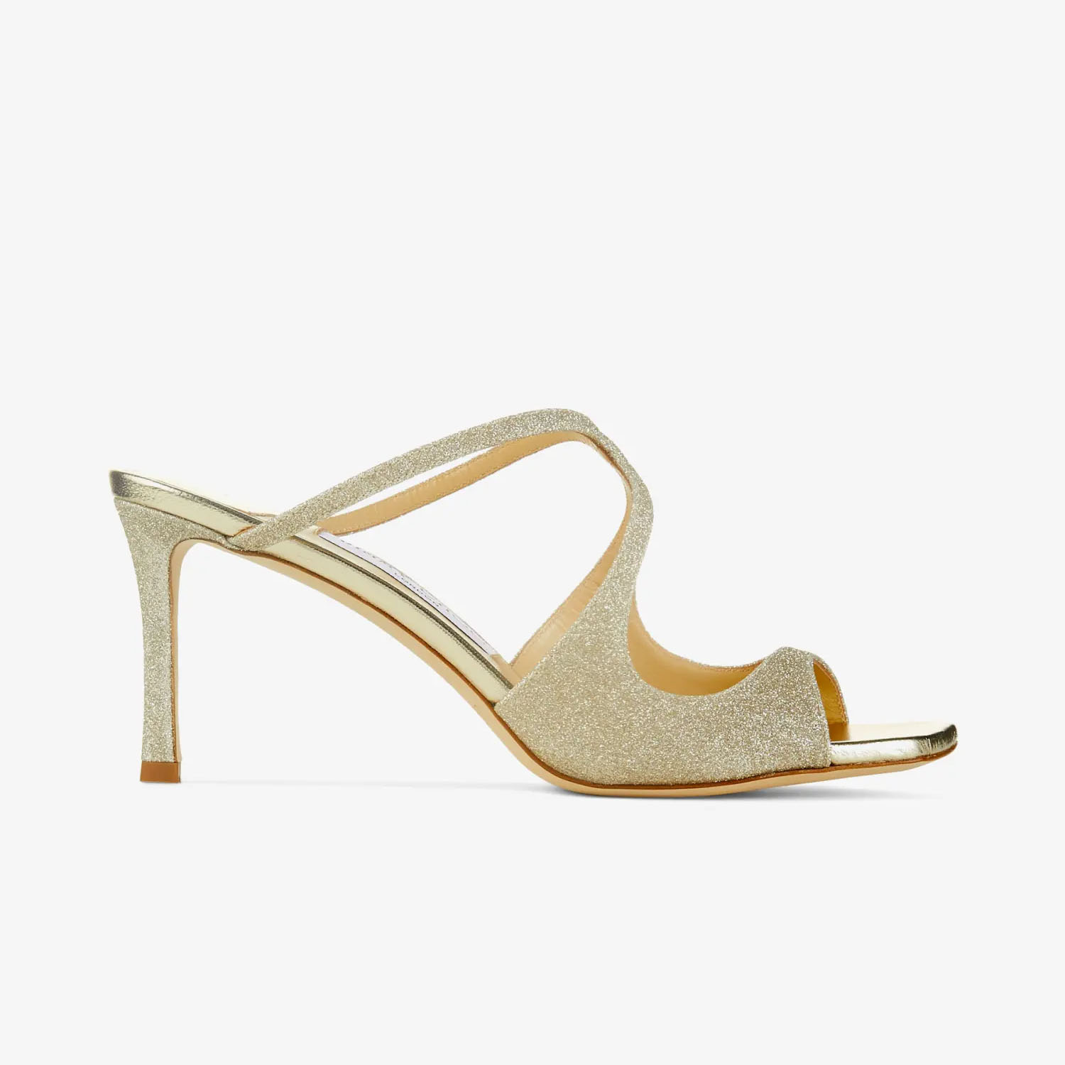 JIMMY CHOO Gold Flash pó partículas finas de brilho sapatos Muller salto alto chinelos