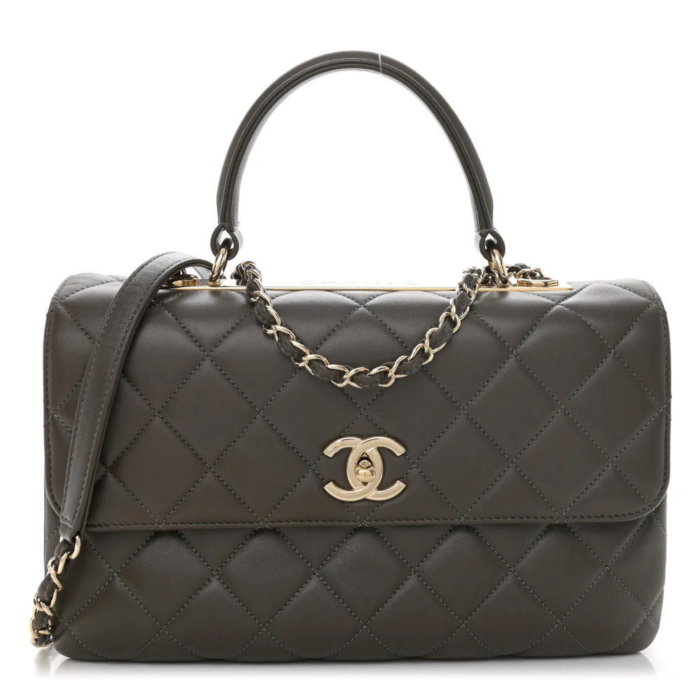 Chanel Trendy CC Flap Médio em Cáqui Escuro de Pele de Cordeiro