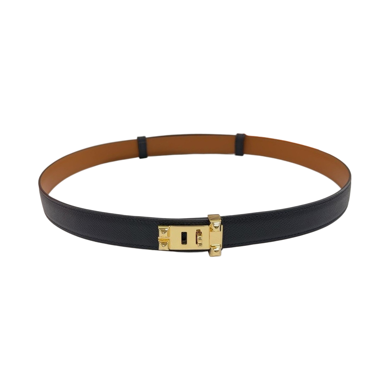 Cinto Feminino Hermès com Fivela Retangular em Couro Bezerro Preto/Marrom/Etoupe com Ferragens Douradas/Prateadas 30mm