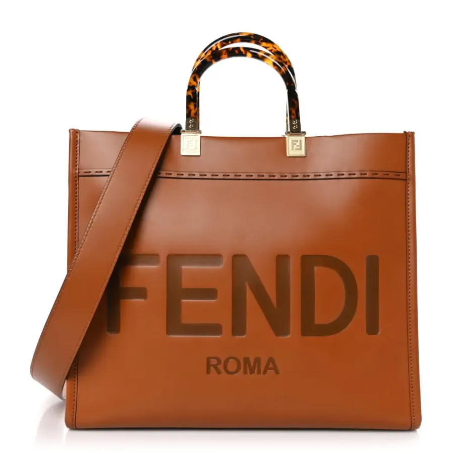 Fendi Medium Fendi Sunshine Shopper Tote Cuoio King Vitello Leather & Plexiglass Gold Hardware