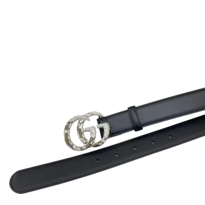 Gucci Women's GG Buckle With Beading Marmont Thin Belt In Black/White/Brown/Silver Smooth Calfskin With Gold/Silver Hardware 30mm