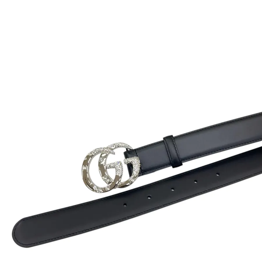 Gucci Women's GG Buckle With Beading Marmont Thin Belt In Black/White/Brown/Silver Smooth Calfskin With Gold/Silver Hardware 30mm