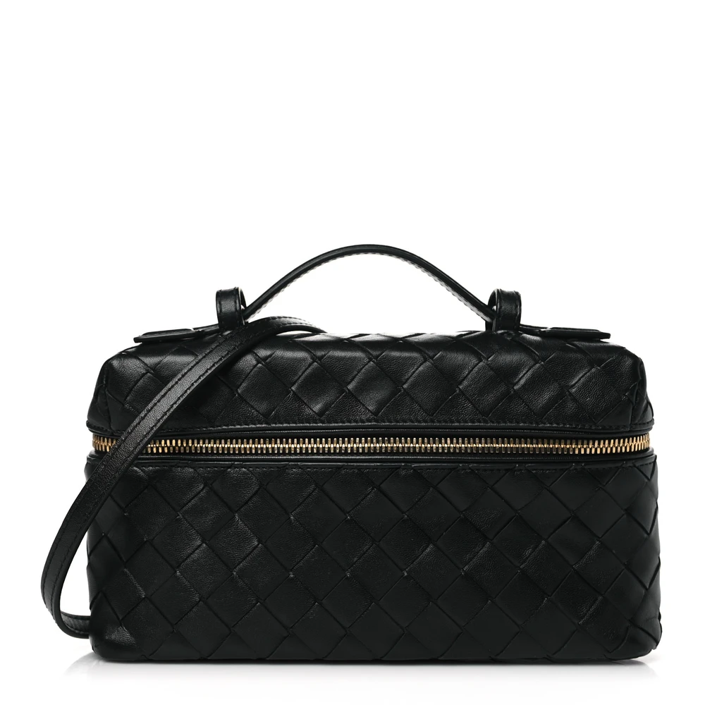 Bottega Veneta Bolsa Vanity Case Média Intrecciato Bang Bang em Couro Bezerro Preto com Acabamento Dourado