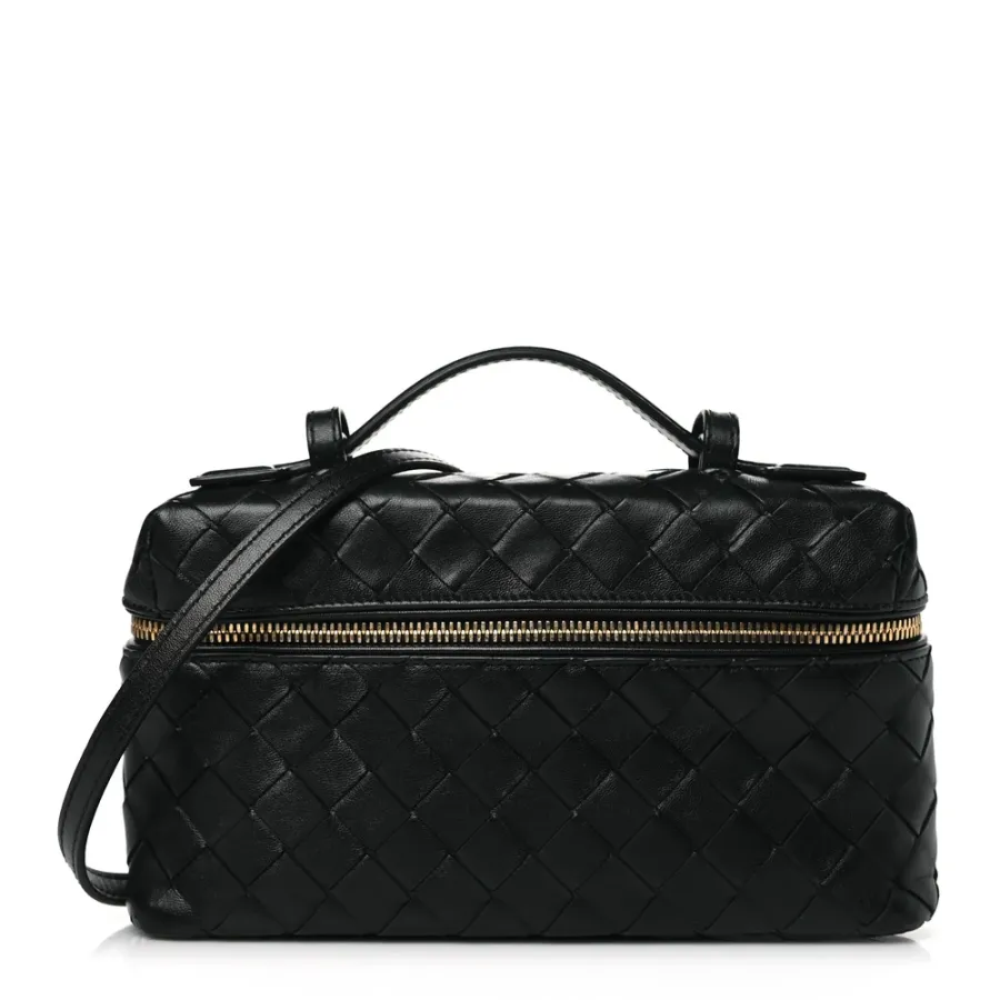 Bottega Veneta Medium Intrecciato Bang Bang Vanity Case Black Calfskin Leather Gold Hardware