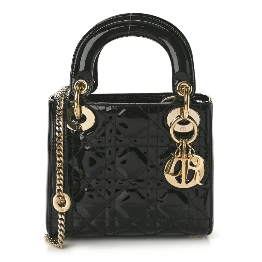 Dior Mini Lady Dior Black Patent Cannage Calfskin Leather Gold Hardware