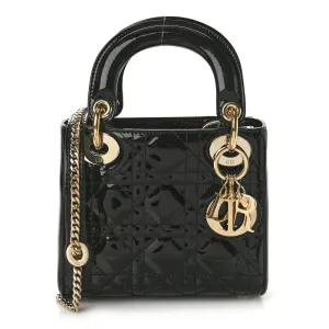 Dior Mini Lady Dior Black Patent Cannage Calfskin Leather Gold Hardware