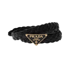 Prada Women' s Triangled Buckle Intrecciato Belt In Brown/Black Lambskin With Gold Hardware 25mm